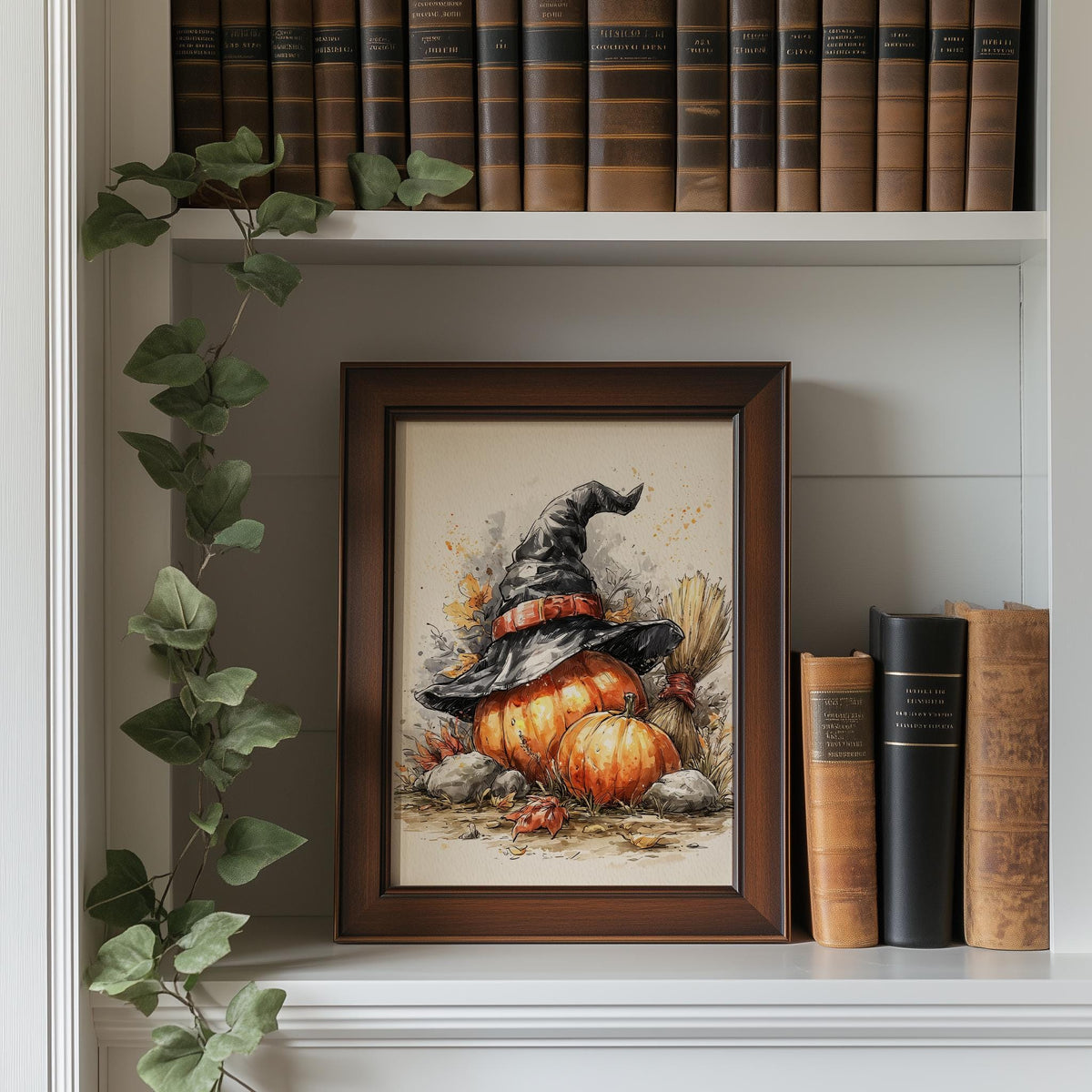 Witch Hat Pumpkin Stack Halloween art print shown in a room setting