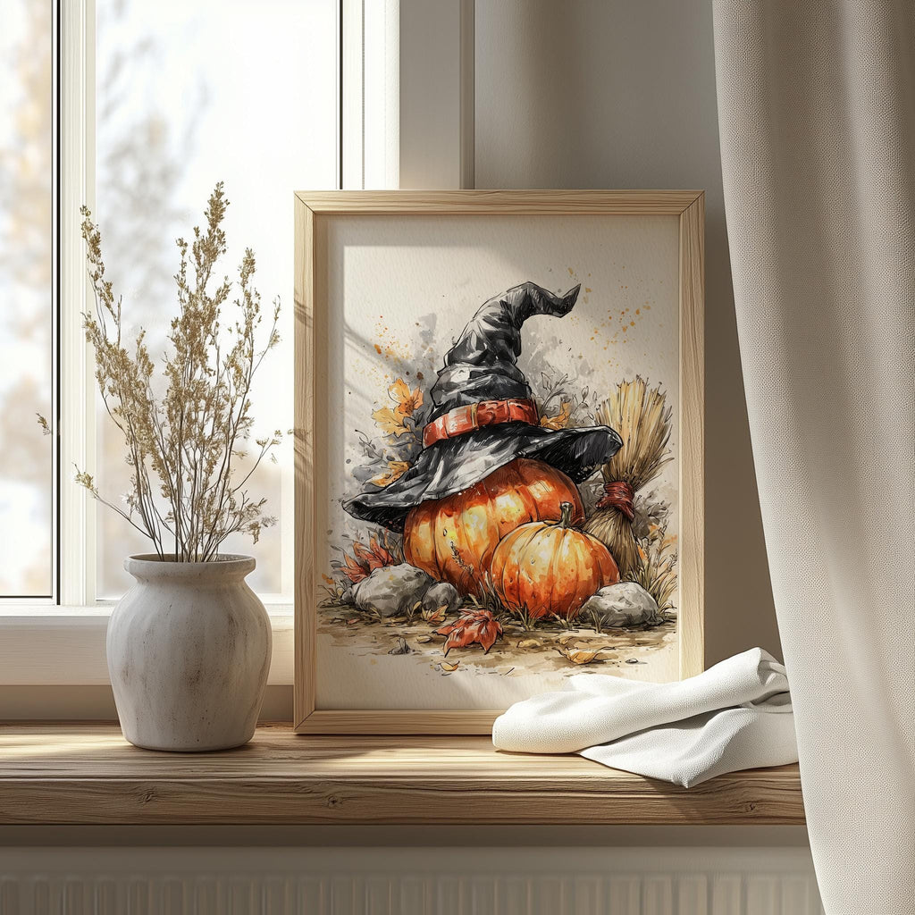 Witch Hat Pumpkin Stack Halloween art print shown in a room setting