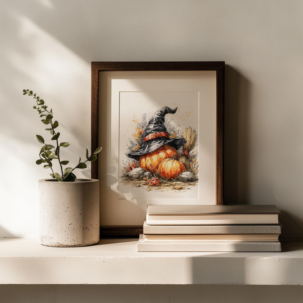Witch Hat Pumpkin Stack Halloween art print shown in a room setting