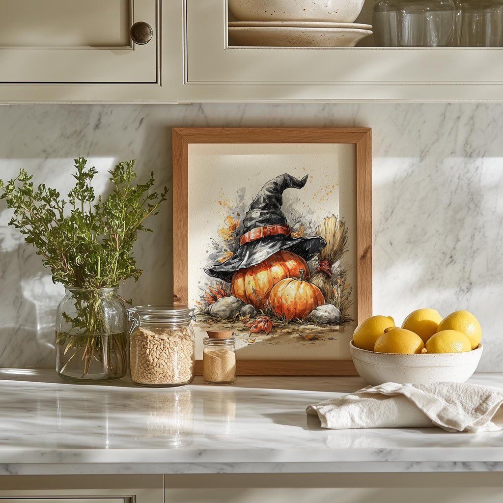Witch Hat Pumpkin Stack Halloween art print shown in a room setting