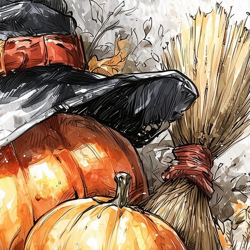 Witch Hat Pumpkin Stack Halloween art print close-up detail
