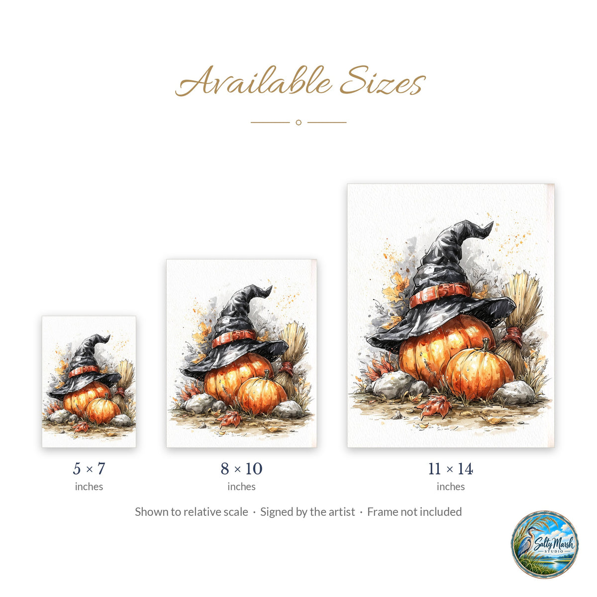 Witch Hat Pumpkin Stack art print size guide: 5x7, 8x10 and 11x14