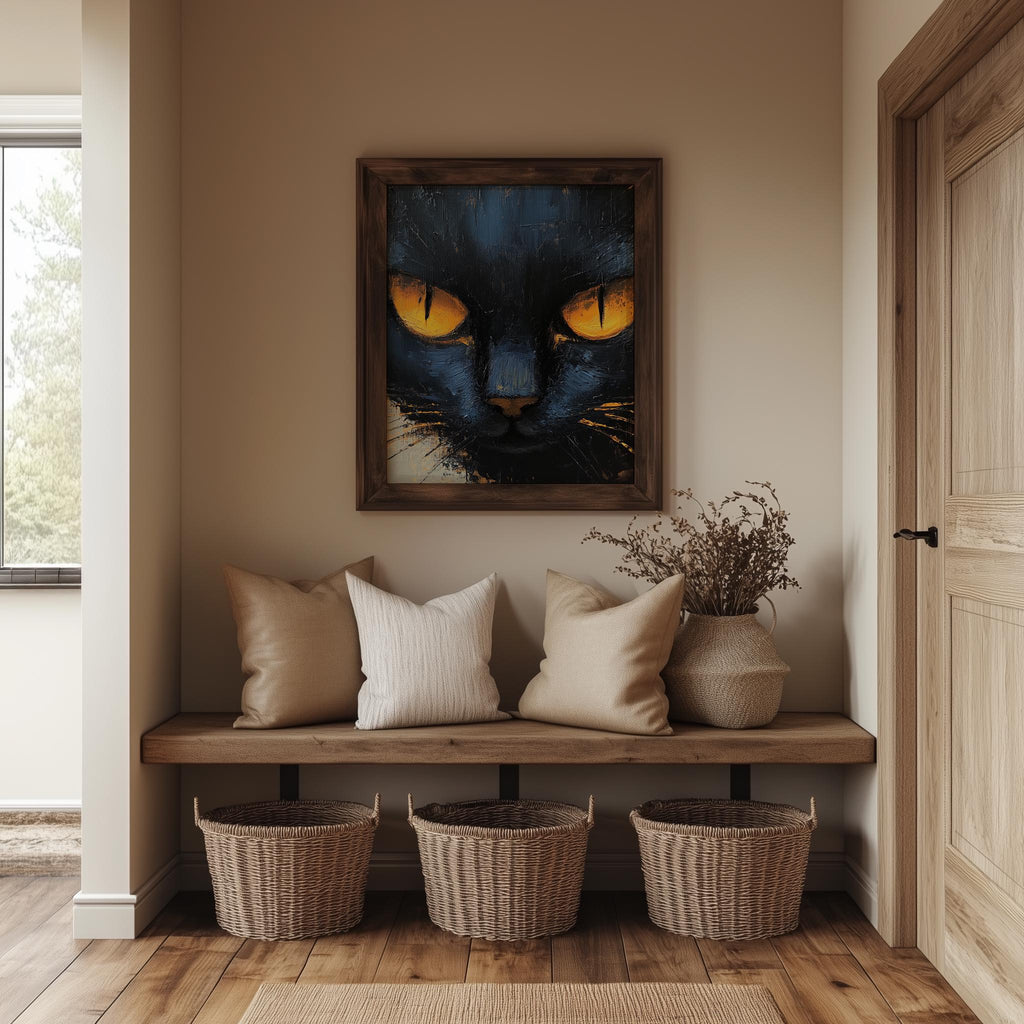 Amber Eyed Cat animal art print shown in a room setting