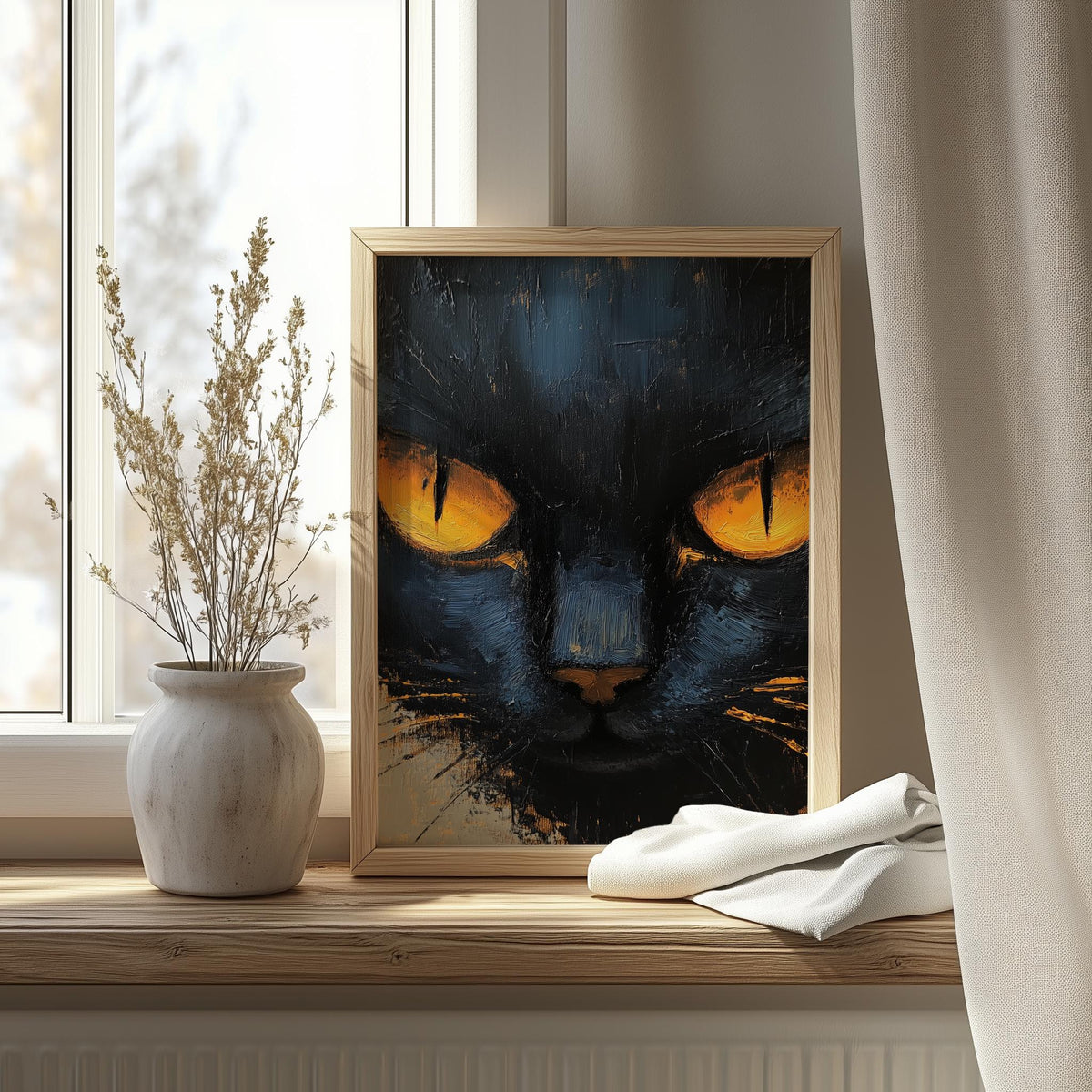 Amber Eyed Cat animal art print shown in a room setting