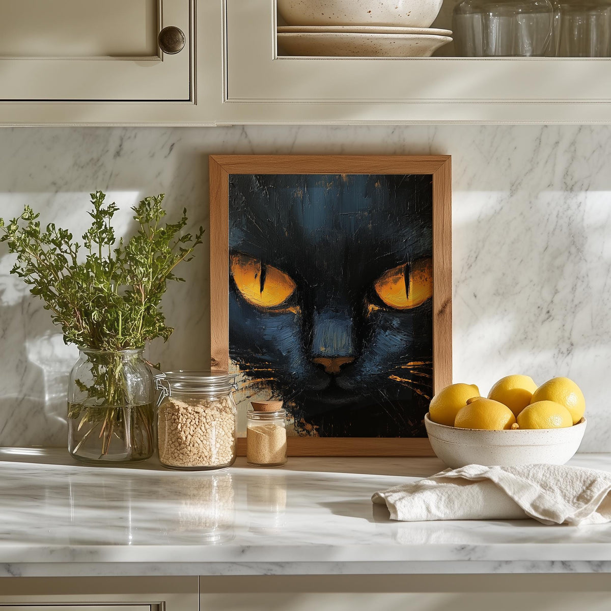 Amber Eyed Cat animal art print shown in a room setting