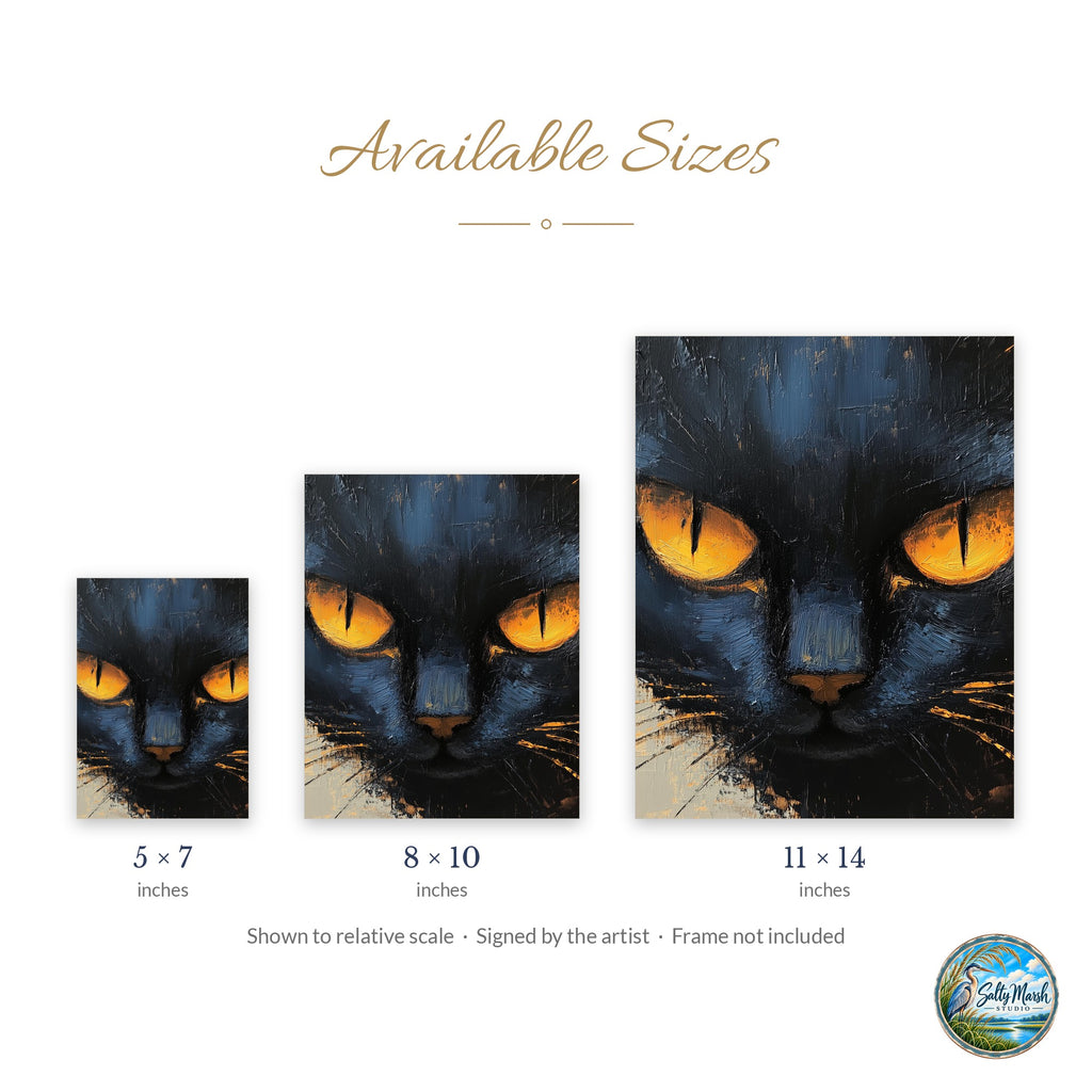 Amber Eyed Cat art print size guide: 5x7, 8x10 and 11x14