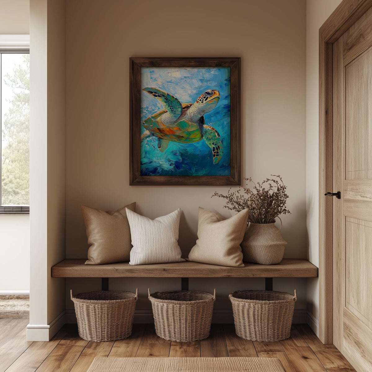 Swimming Sea Turtle animal art print shown in a room setting