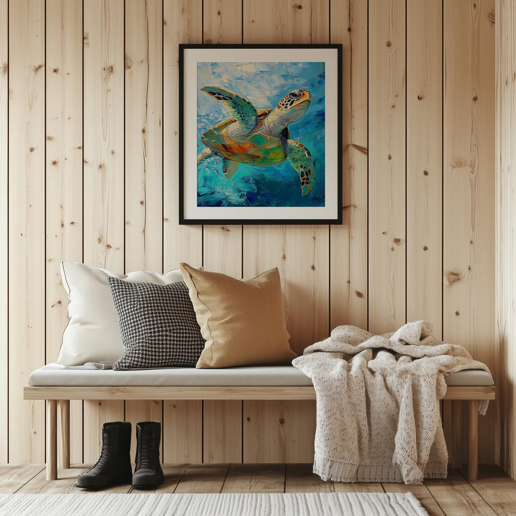 Swimming Sea Turtle animal art print shown in a room setting