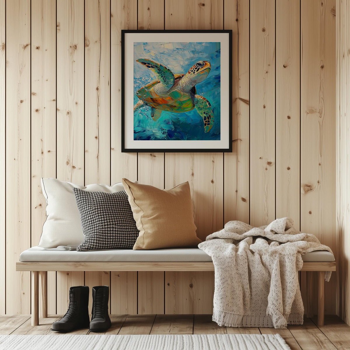 Swimming Sea Turtle animal art print shown in a room setting
