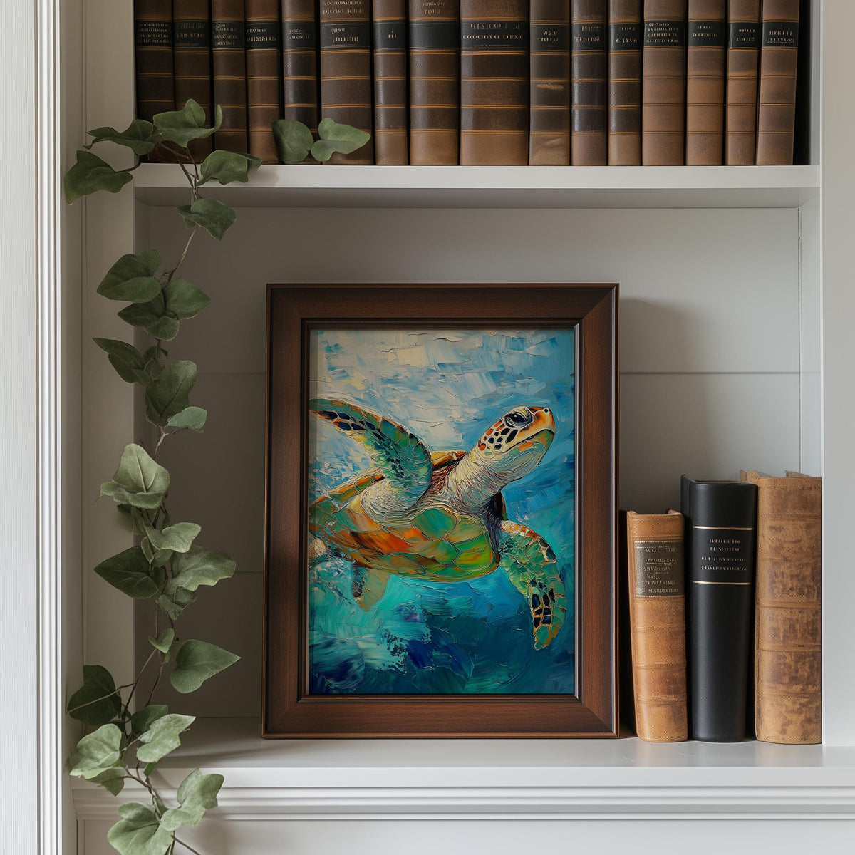 Swimming Sea Turtle animal art print shown in a room setting