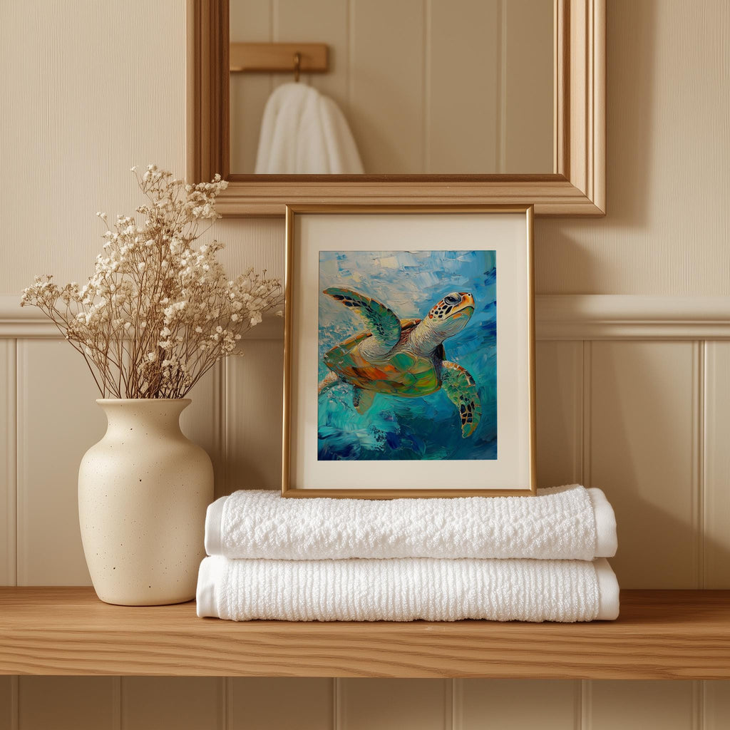 Swimming Sea Turtle animal art print shown in a room setting