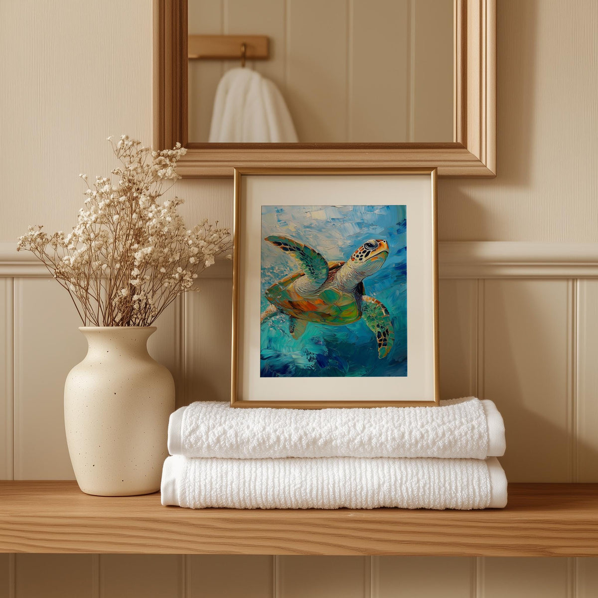 Swimming Sea Turtle animal art print shown in a room setting