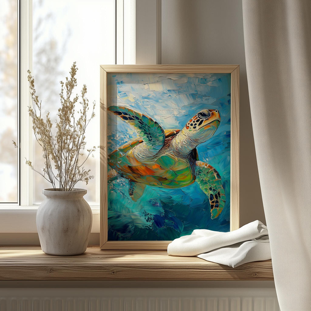 Swimming Sea Turtle animal art print shown in a room setting