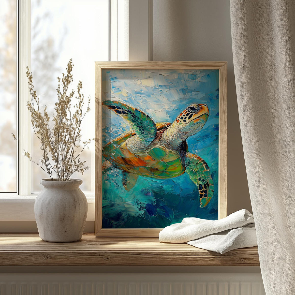 Swimming Sea Turtle animal art print shown in a room setting