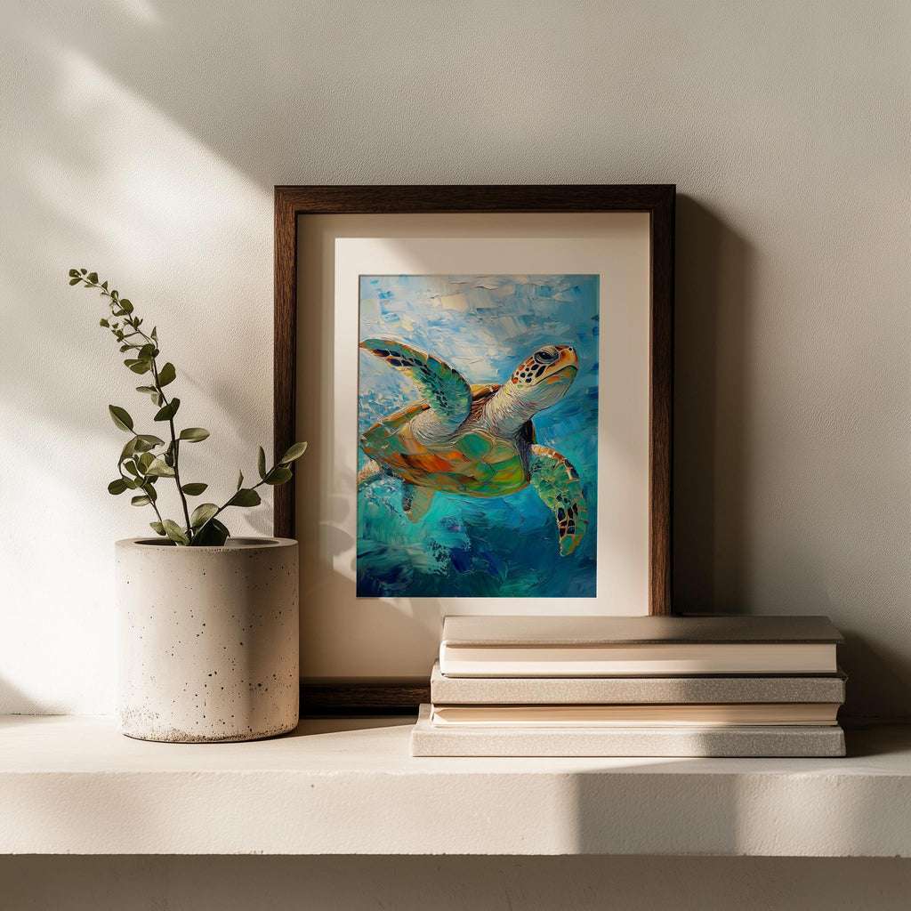 Swimming Sea Turtle animal art print shown in a room setting