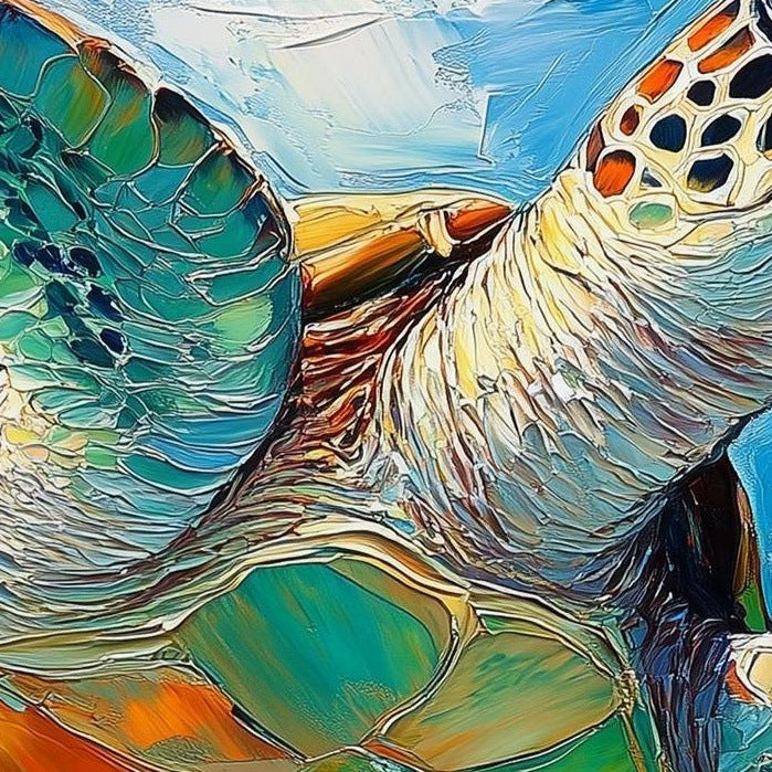 Swimming Sea Turtle animal art print close-up detail