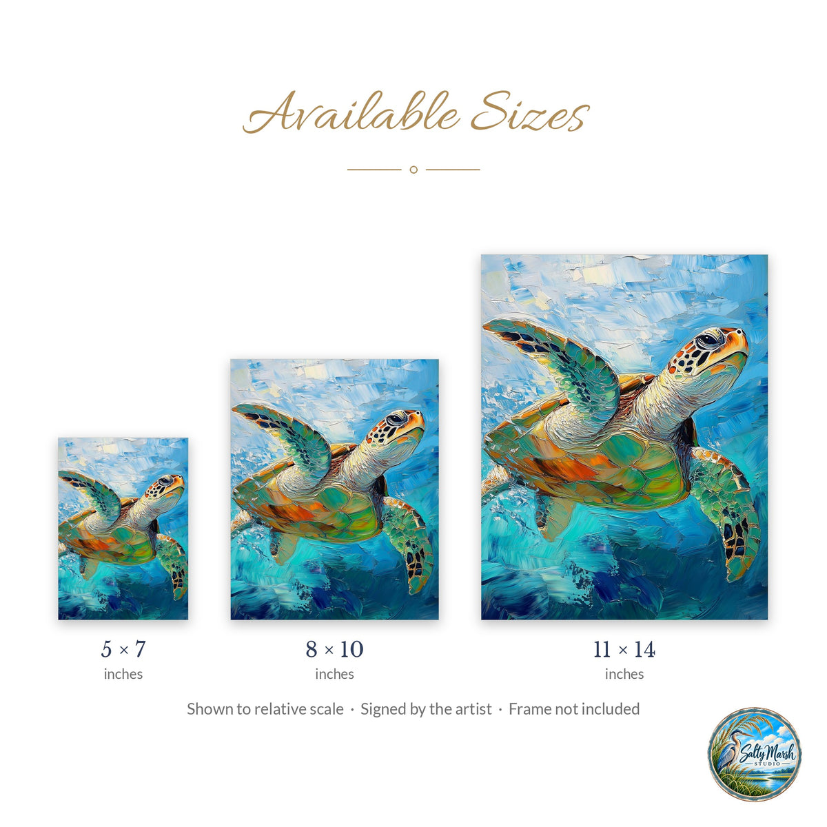 Swimming Sea Turtle art print size guide: 5x7, 8x10 and 11x14