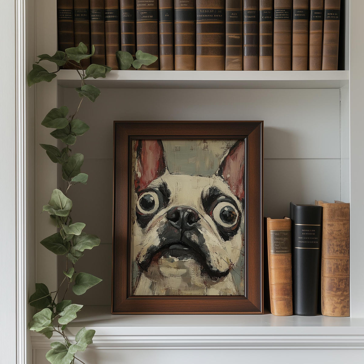Quirky French Bulldog animal art print shown in a room setting