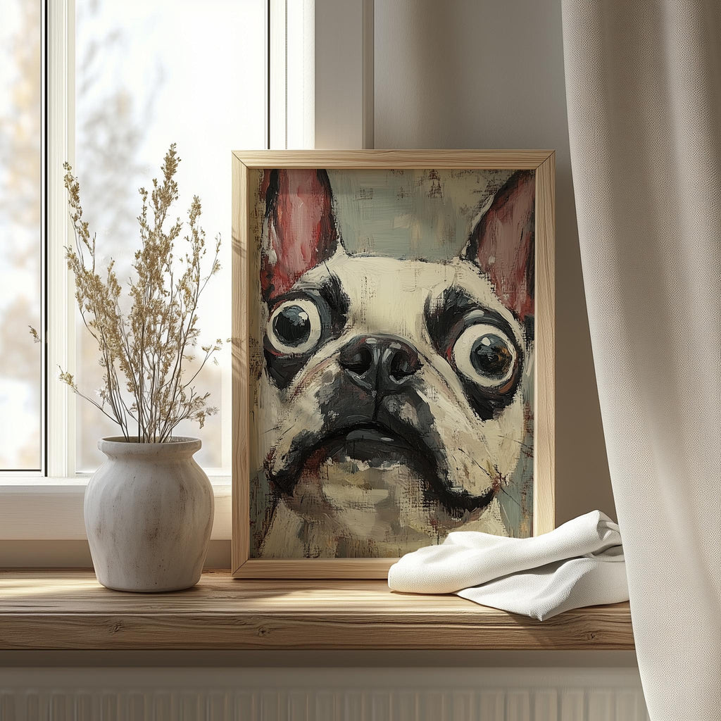 Quirky French Bulldog animal art print shown in a room setting