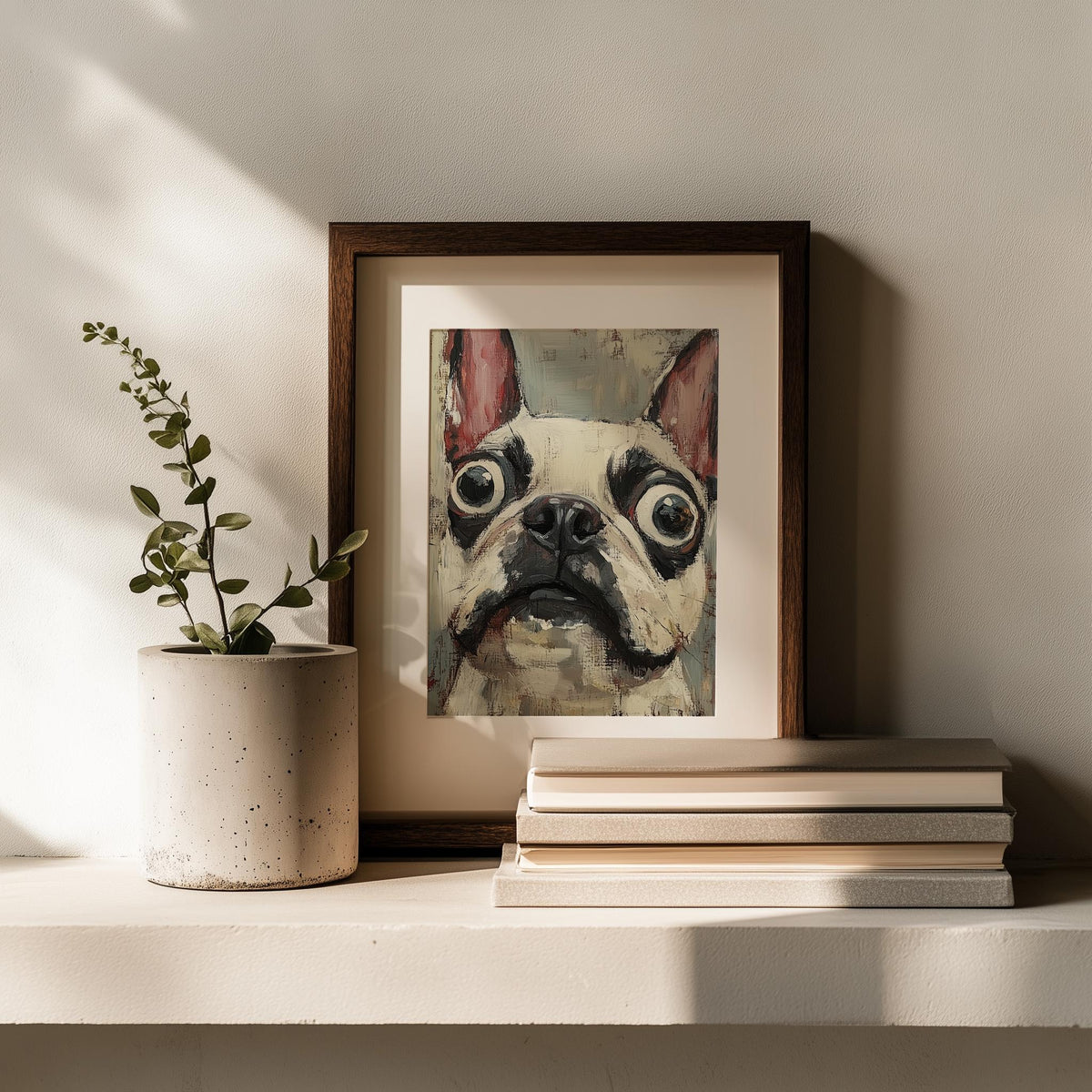 Quirky French Bulldog animal art print shown in a room setting