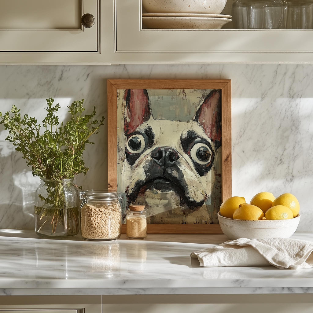 Quirky French Bulldog animal art print shown in a room setting
