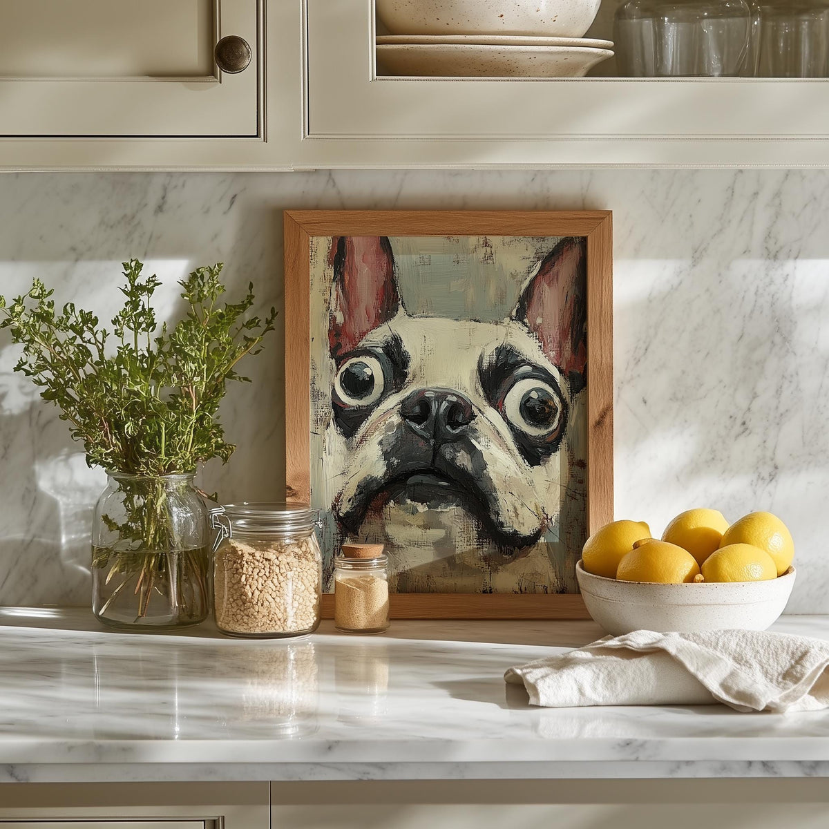 Quirky French Bulldog animal art print shown in a room setting