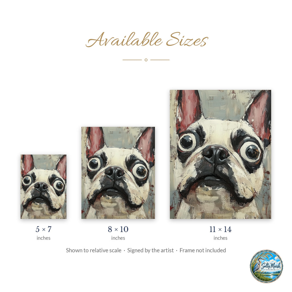 Quirky French Bulldog art print size guide: 5x7, 8x10 and 11x14