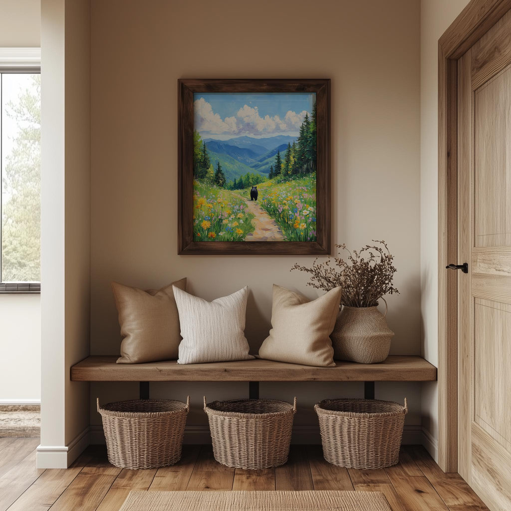 Bear Mountain Path animal art print shown in a room setting