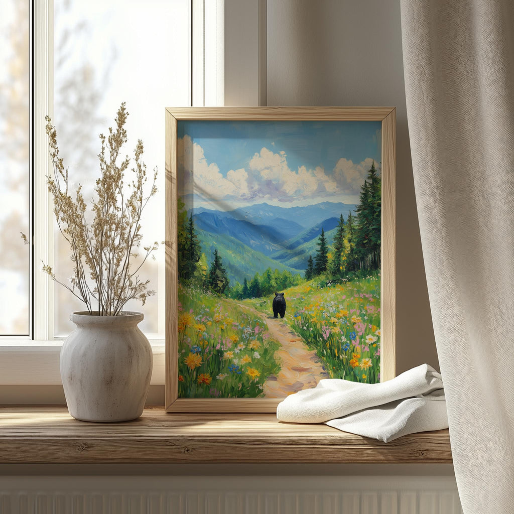 Bear Mountain Path animal art print shown in a room setting