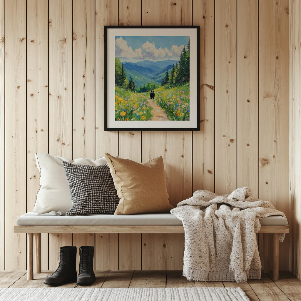 Bear Mountain Path animal art print shown in a room setting