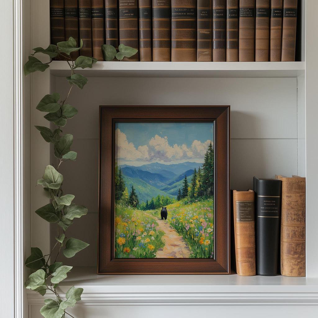 Bear Mountain Path animal art print shown in a room setting