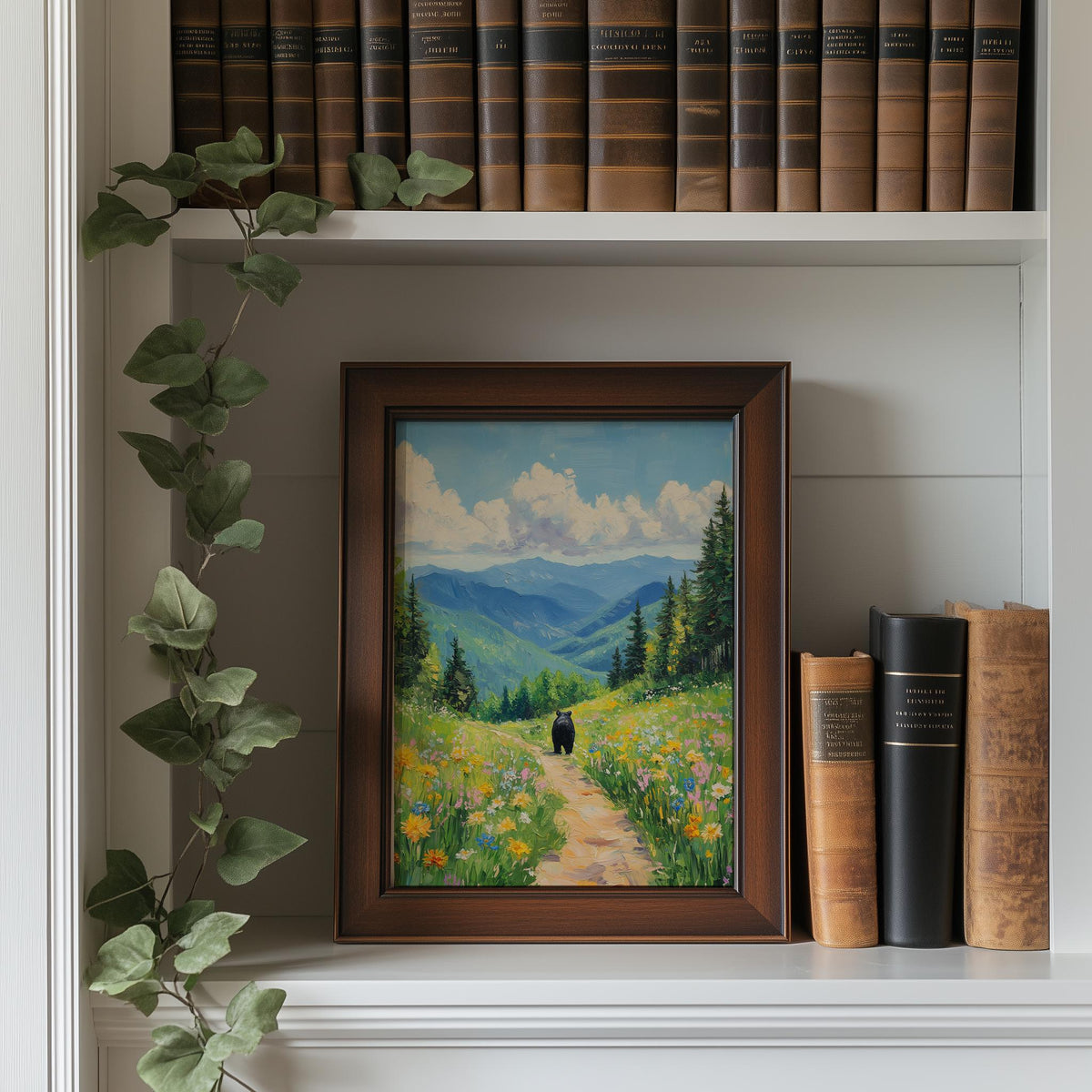 Bear Mountain Path animal art print shown in a room setting