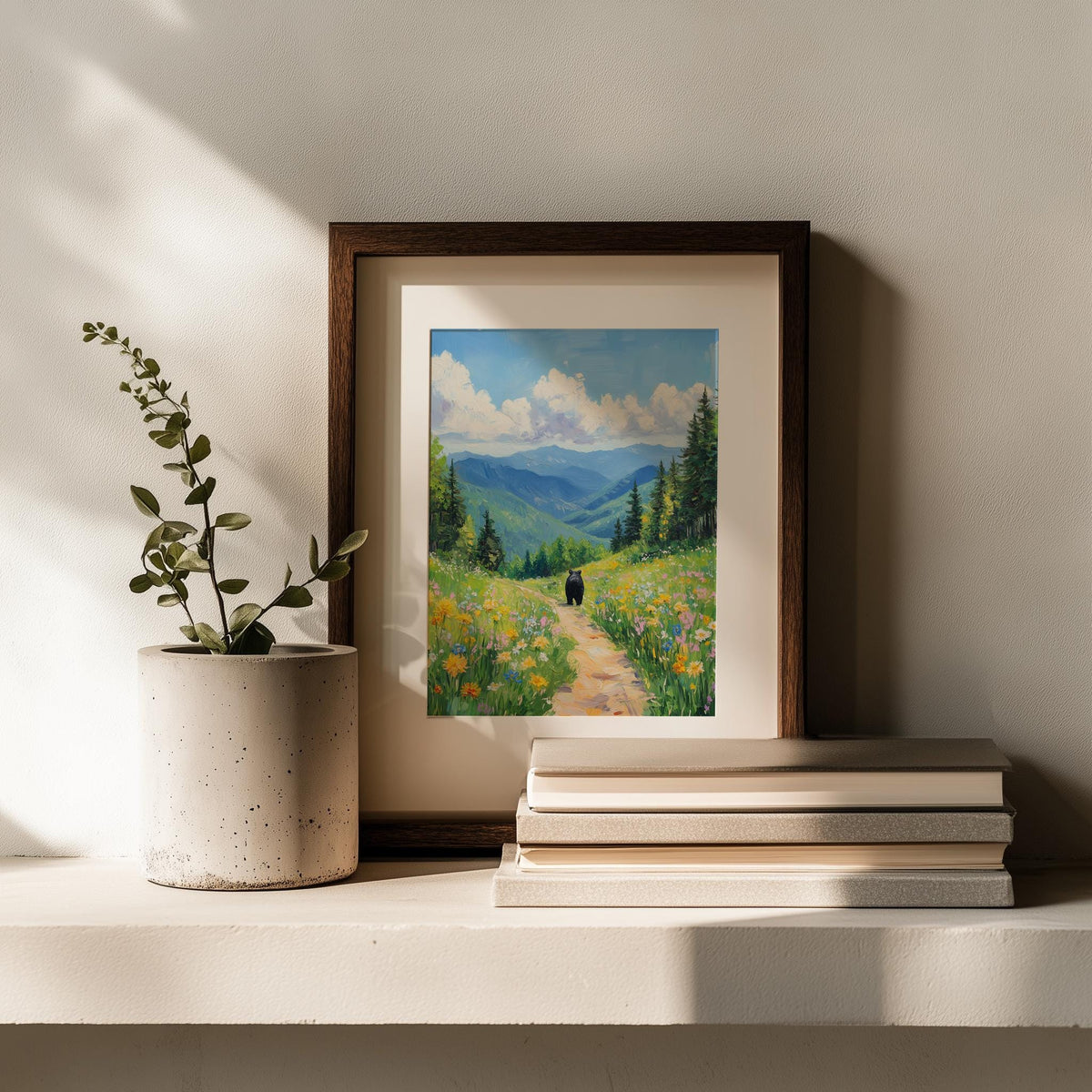 Bear Mountain Path animal art print shown in a room setting