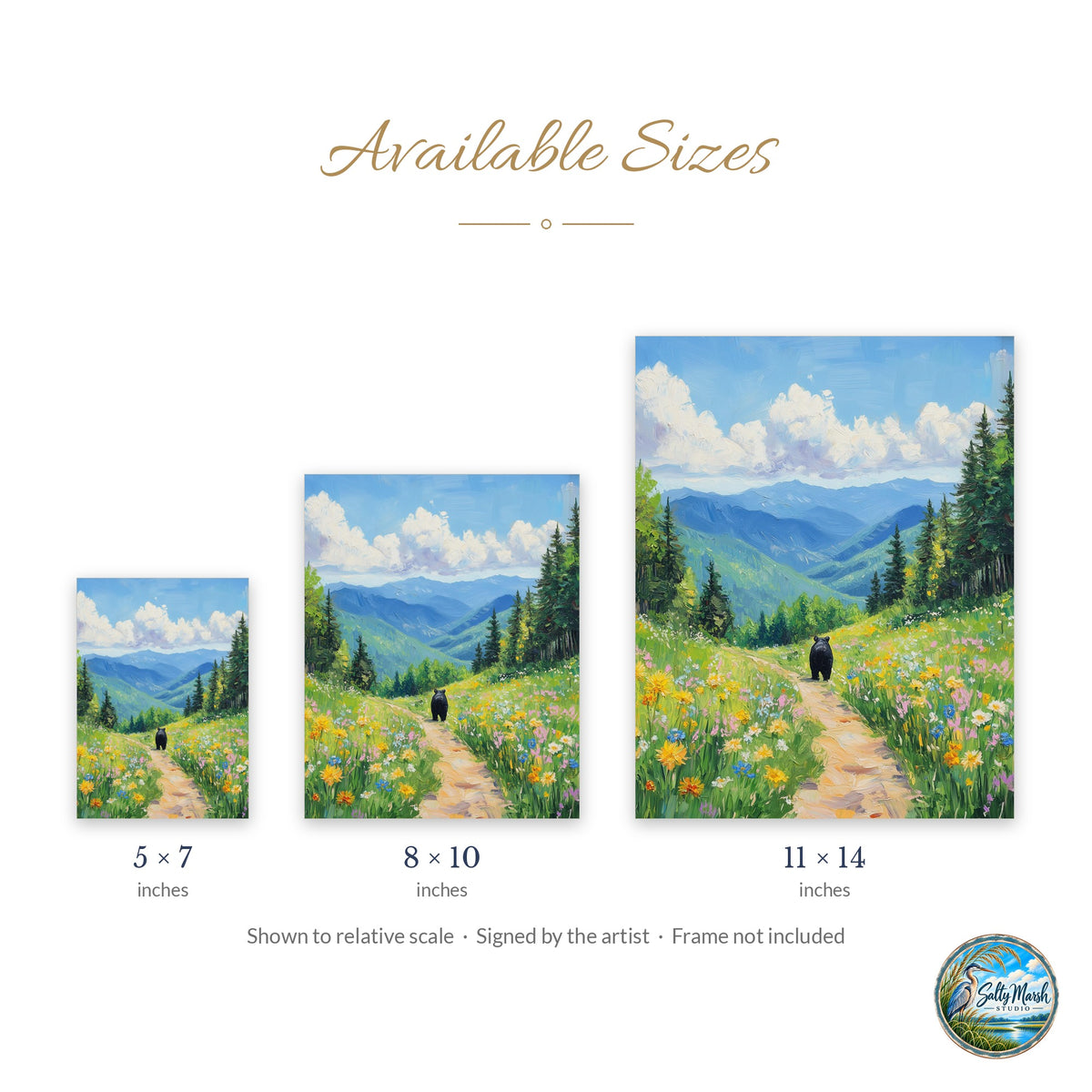 Bear Mountain Path art print size guide: 5x7, 8x10 and 11x14
