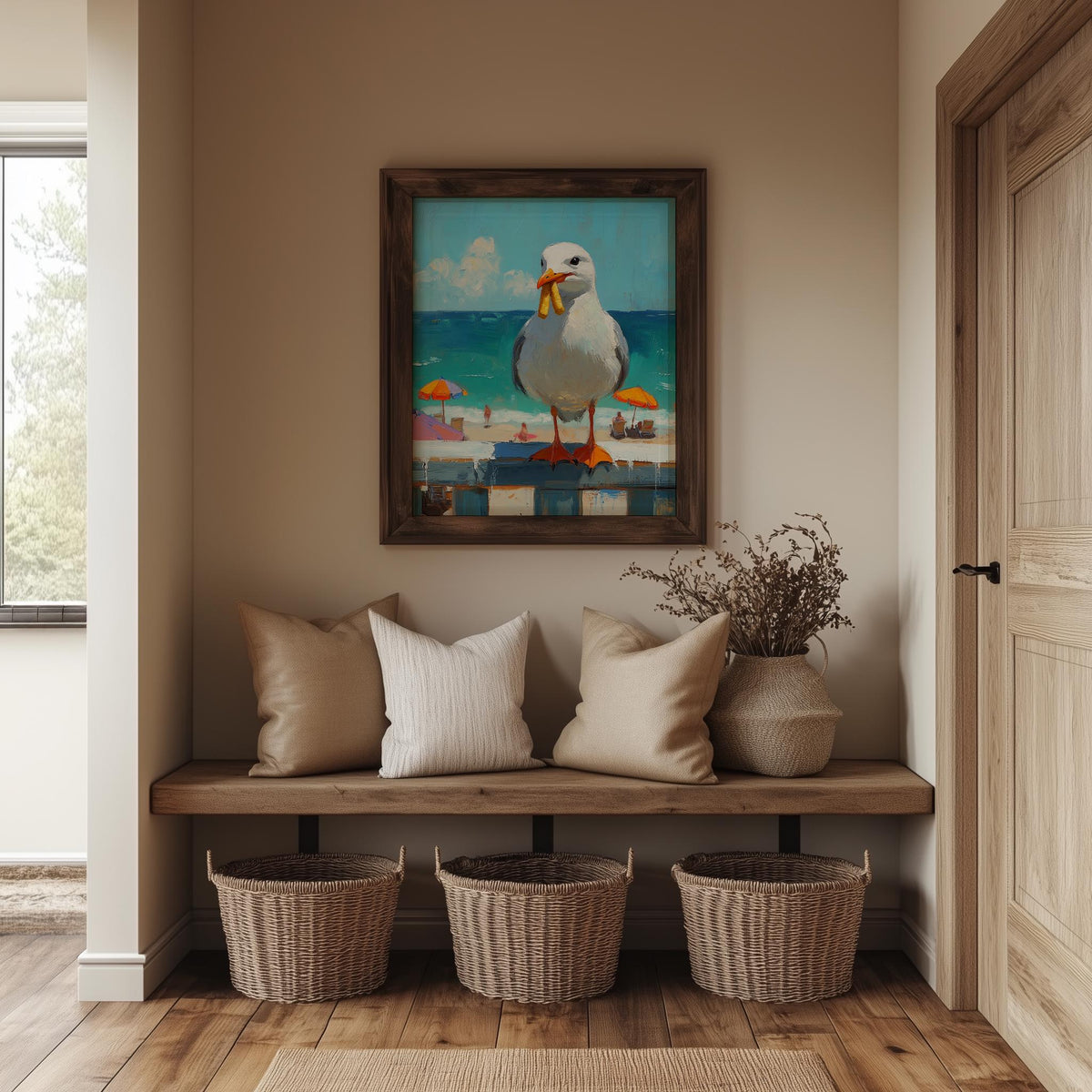 Seagull Fries animal art print shown in a room setting