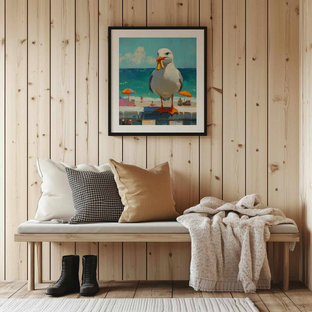 Seagull Fries animal art print shown in a room setting