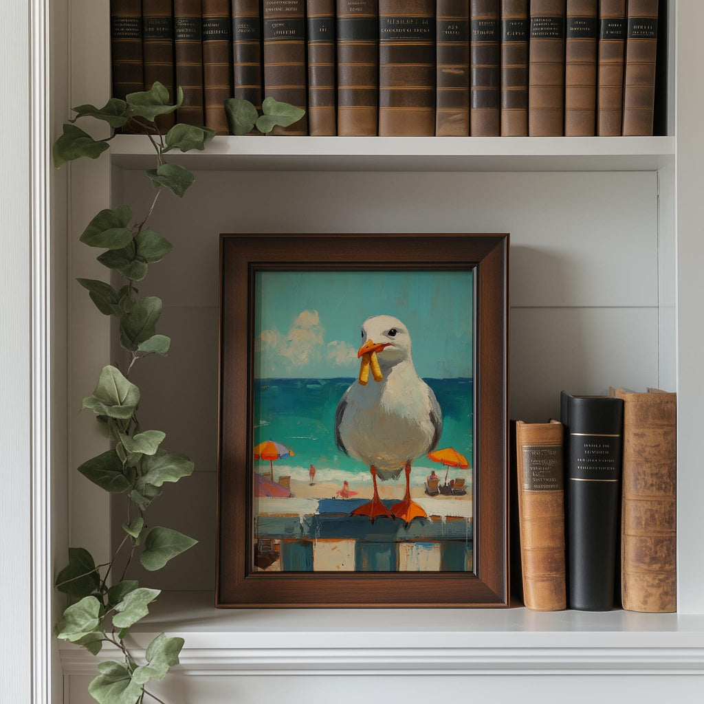 Seagull Fries animal art print shown in a room setting