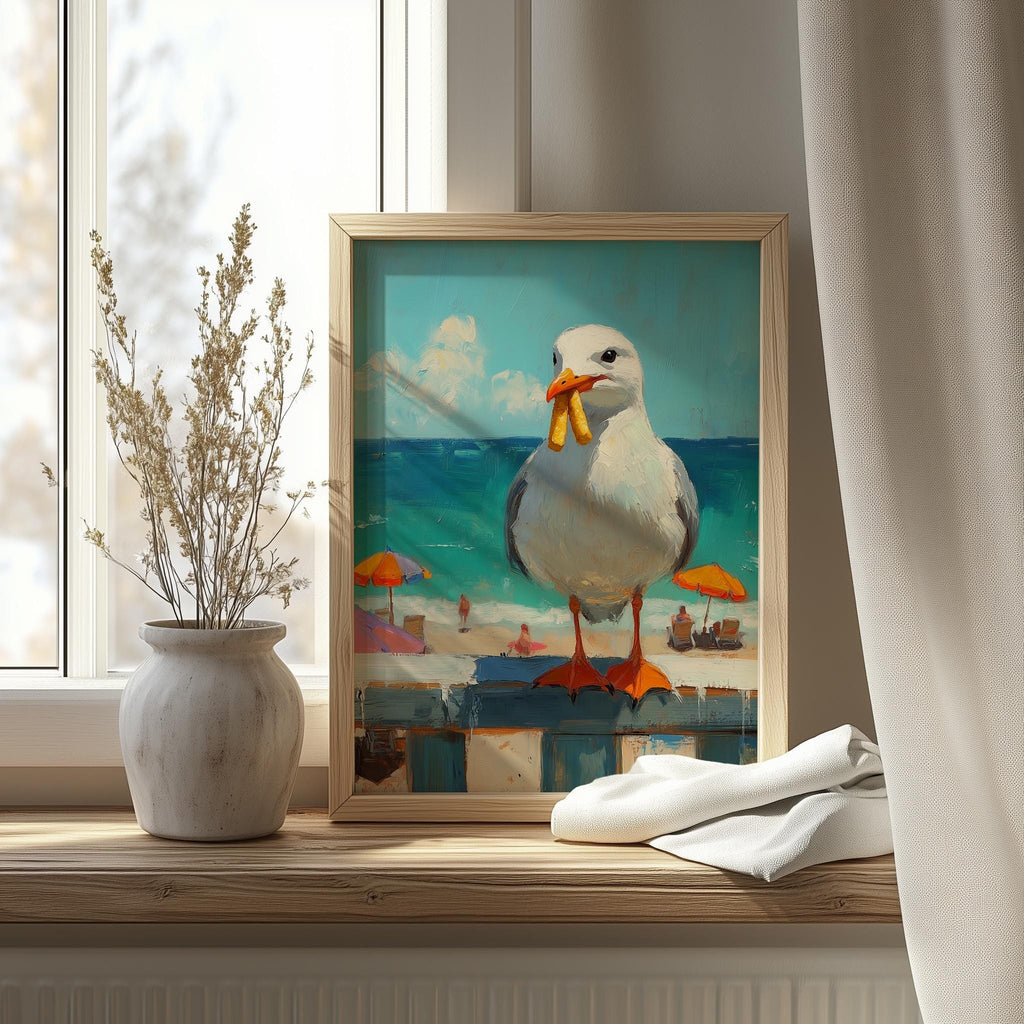 Seagull Fries animal art print shown in a room setting