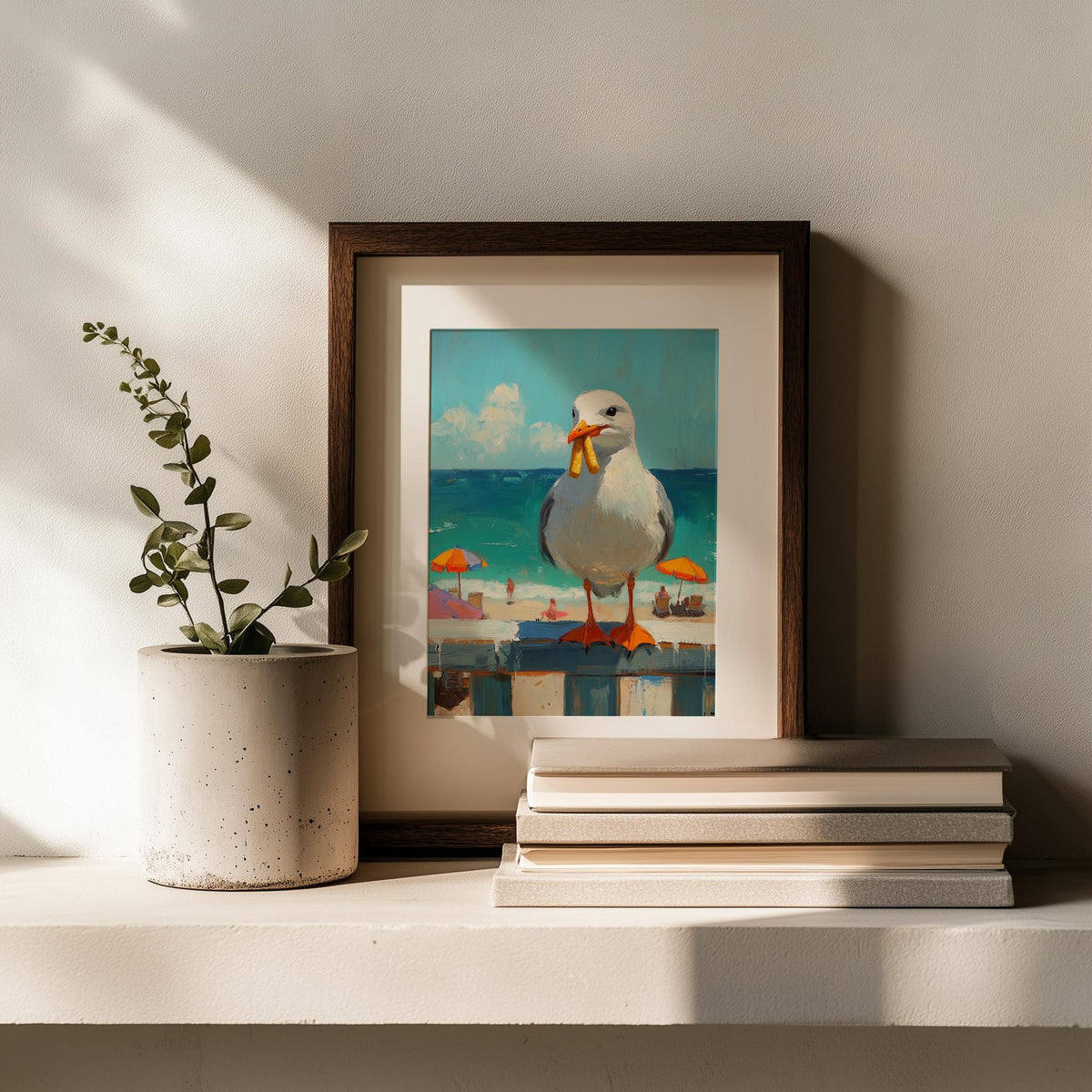 Seagull Fries animal art print shown in a room setting