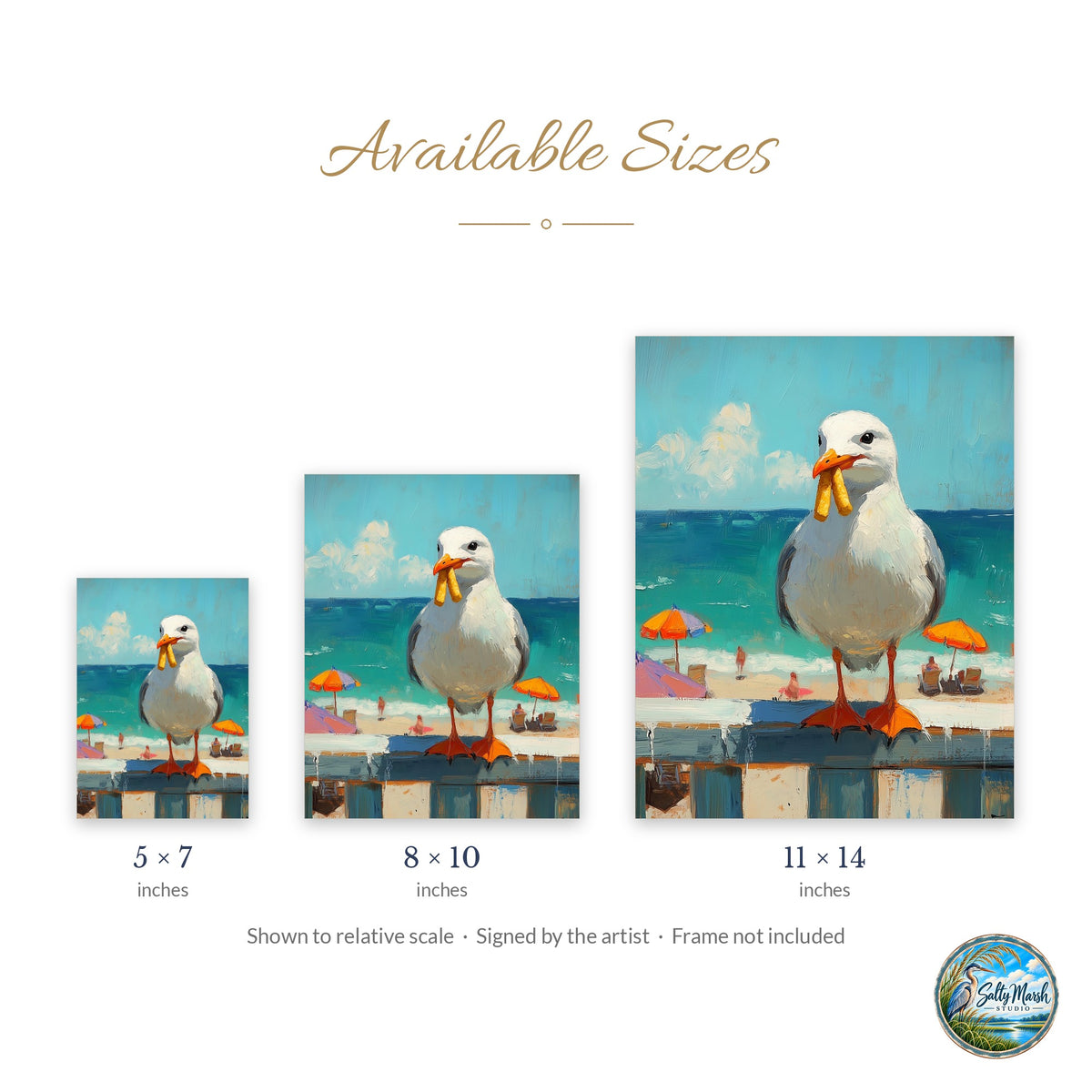 Seagull Fries art print size guide: 5x7, 8x10 and 11x14