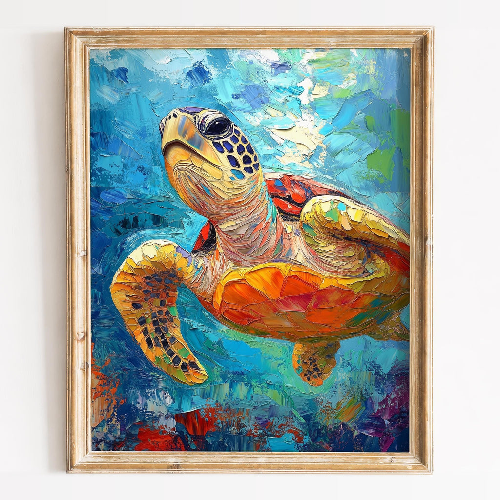 Golden Sea Turtle animal art print framed
