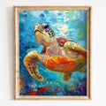 Golden Sea Turtle animal art print framed