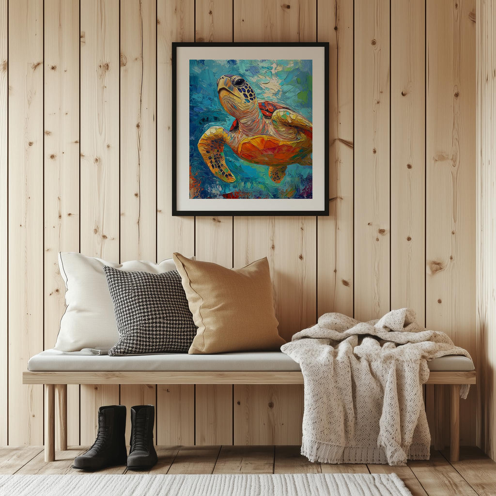Golden Sea Turtle animal art print shown in a room setting