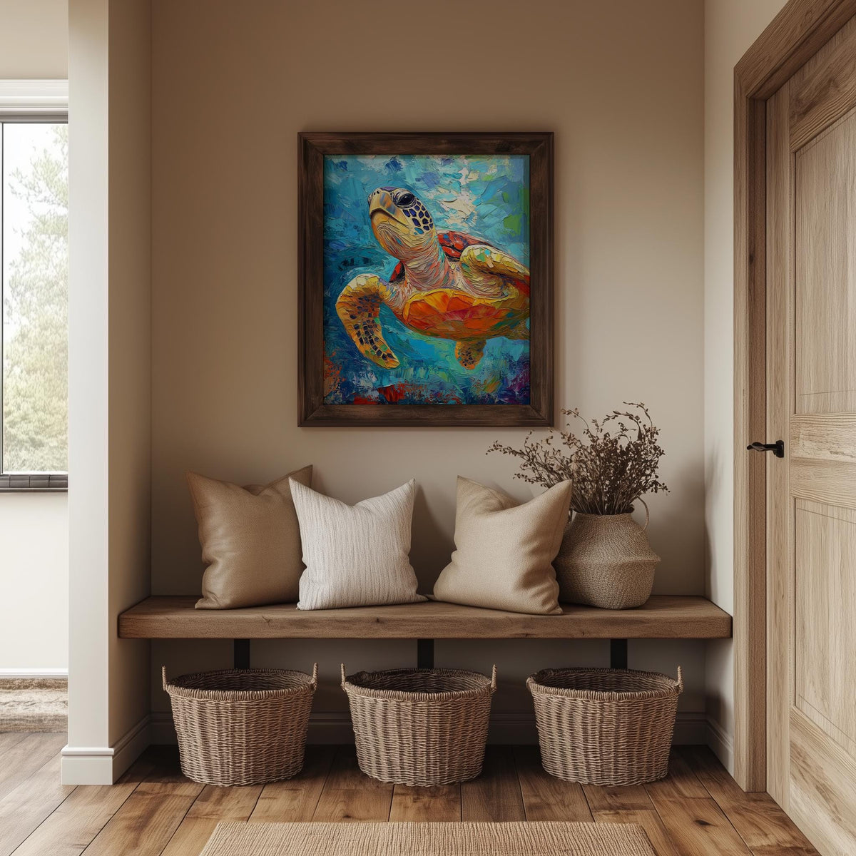 Golden Sea Turtle animal art print shown in a room setting