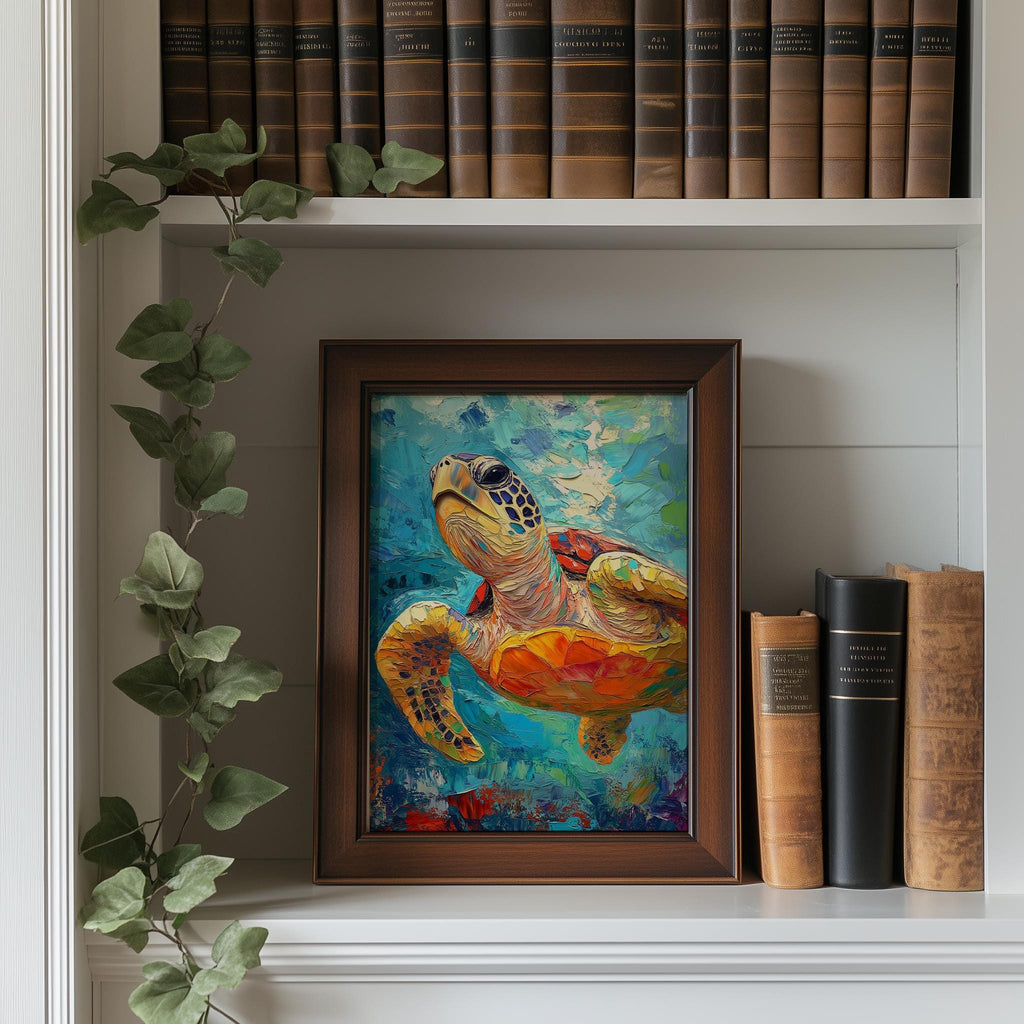 Golden Sea Turtle animal art print shown in a room setting