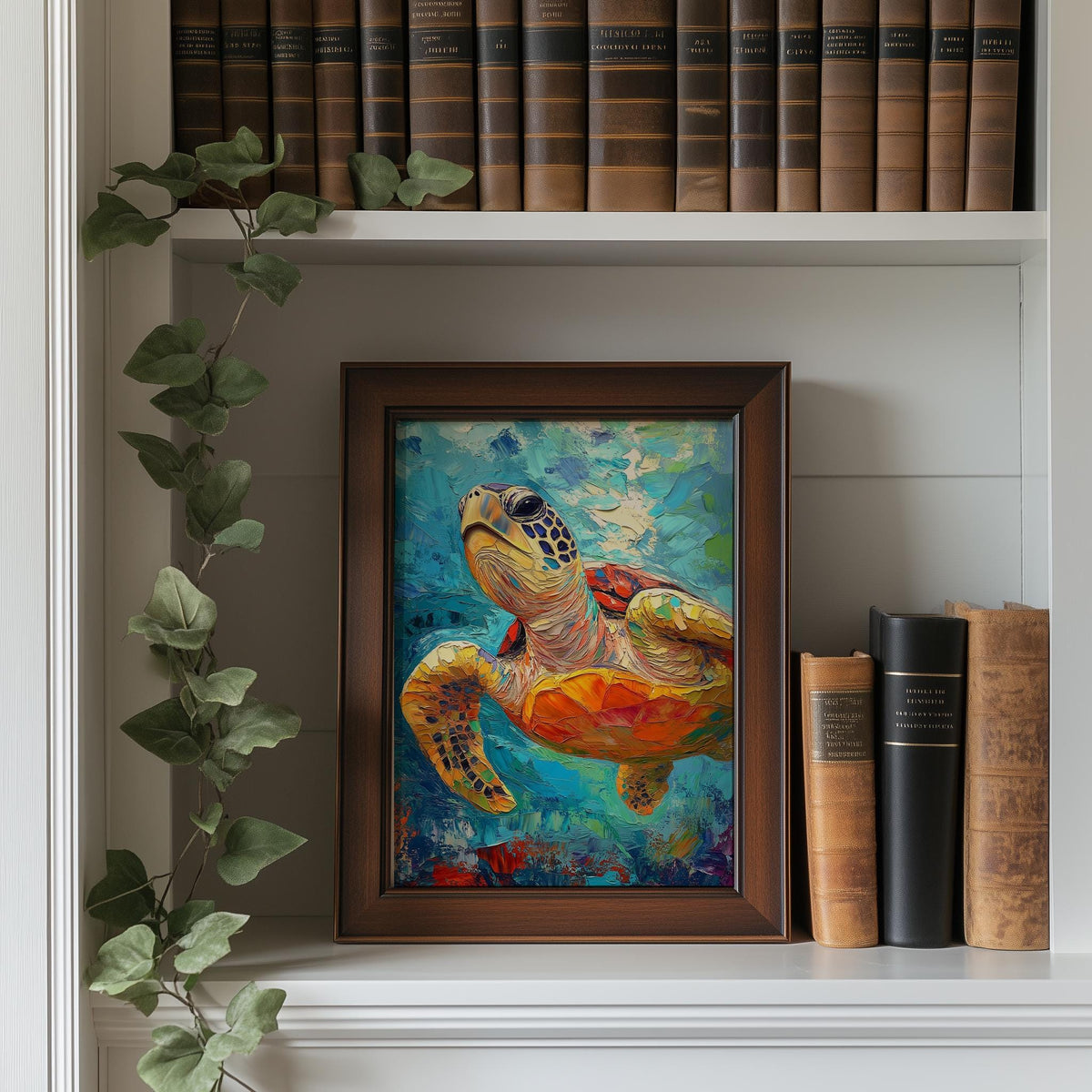 Golden Sea Turtle animal art print shown in a room setting