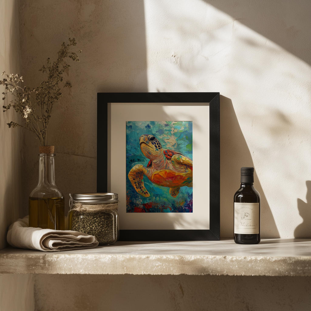 Golden Sea Turtle animal art print shown in a room setting