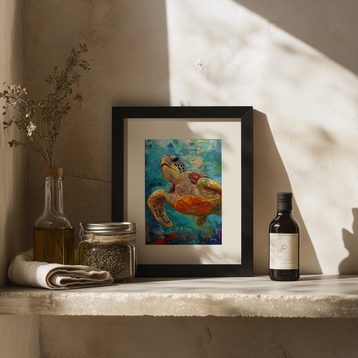 Golden Sea Turtle animal art print shown in a room setting