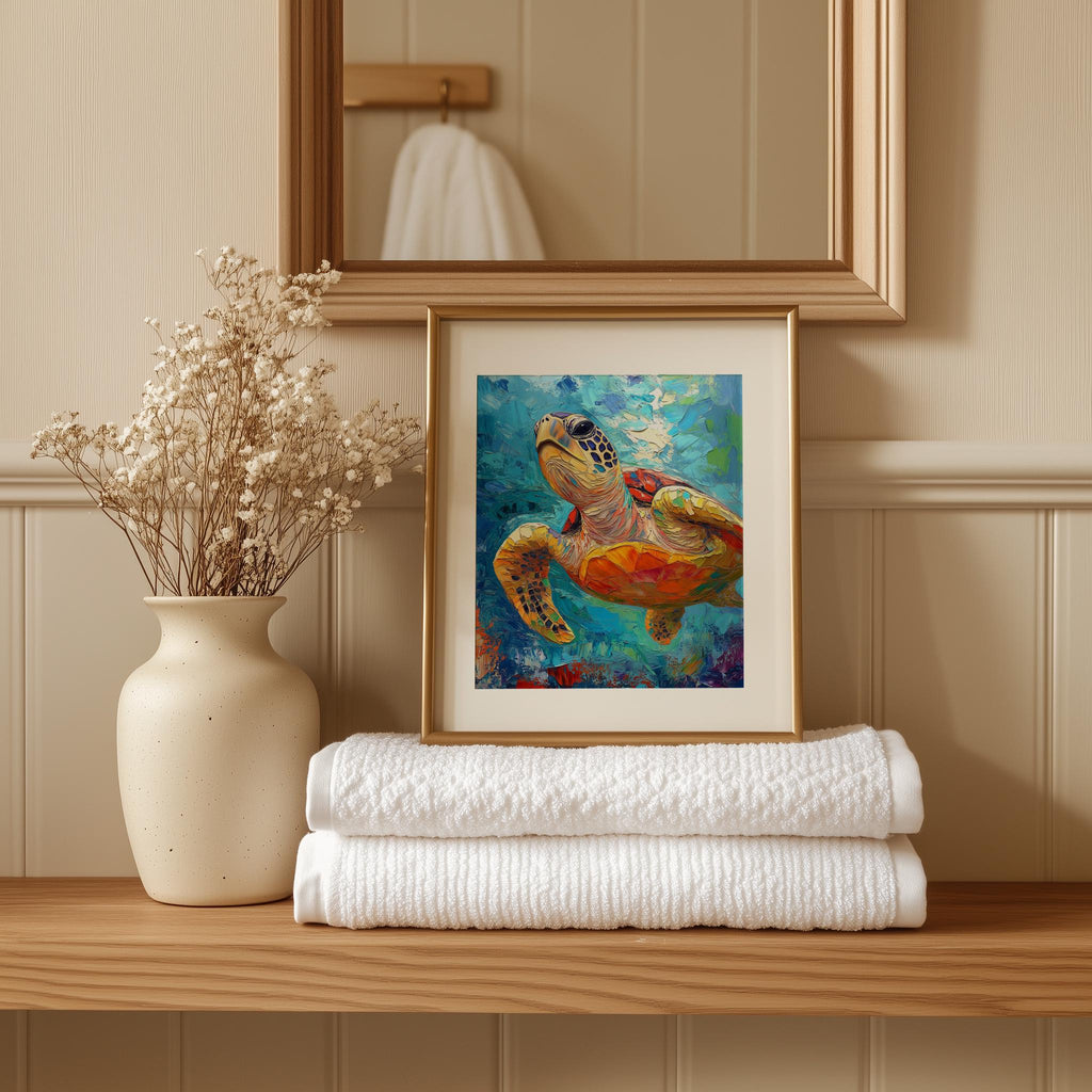 Golden Sea Turtle animal art print shown in a room setting