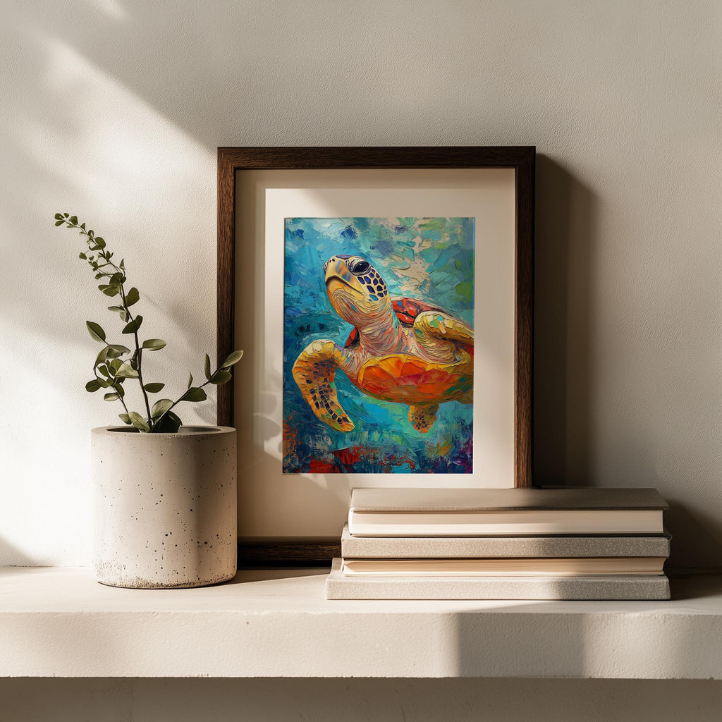 Golden Sea Turtle animal art print shown in a room setting